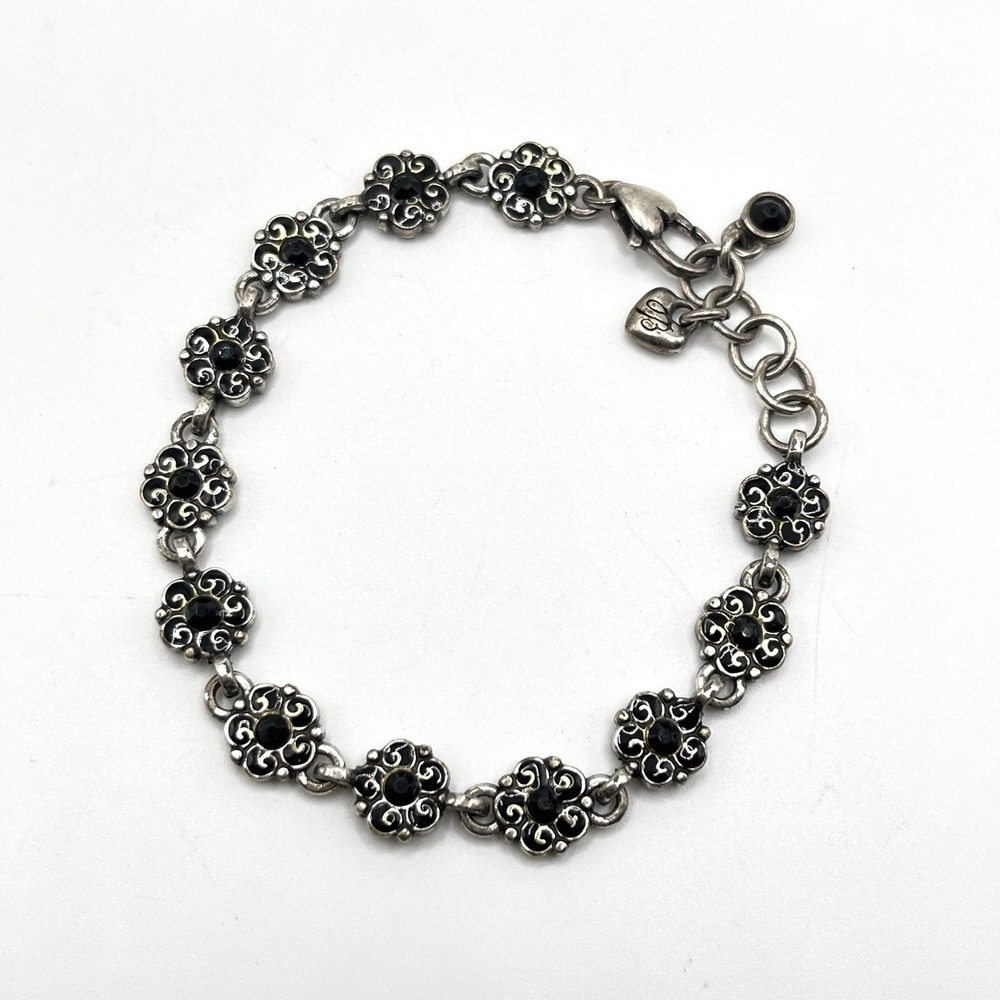 Brighton Garden of Eden Black Flower Charm Link Silver Tone Bracelet 7.5" READ